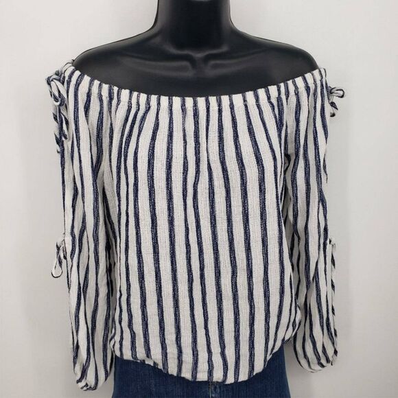 Areopostale Stripe Top Long Sleeves w/Slits Off Shoulder Pullover - Picture 3 of 9